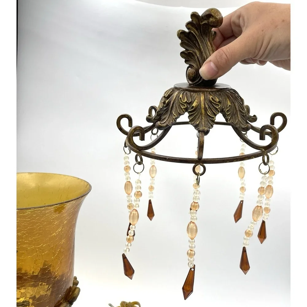 Vintage Bombay Company Bronze Amber Crackle Glass Beaded Table Lamp Tested/Works